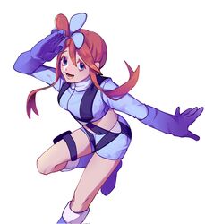  arm_up blue_eyes blue_footwear blue_gloves blue_jacket blue_shorts boots commentary_request crop_top cropped_jacket female gloves hair_ornament highres hogeol_pk jacket leg_up lower_teeth_only midriff one_side_up open_mouth pokemon pokemon_bw pouch red_hair salute short_hair_with_long_locks short_shorts shorts sidelocks simple_background skyla_(pokemon) solo teeth thigh_pouch tongue turtleneck white_background 