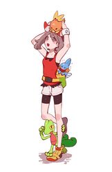  bike_shorts bike_shorts_under_shorts bow_hairband bracelet brown_hair commentary_request fanny_pack female green_bag grey_eyes hairband highres hogeol_pk jewelry korean_commentary leg_up may_(pokemon) medium_hair mudkip on_head open_mouth pokemon pokemon_(creature) pokemon_on_head pokemon_oras shirt shoes short_shorts shorts sleeveless sleeveless_shirt standing starter_pokemon_trio torchic treecko white_shorts yellow_footwear 