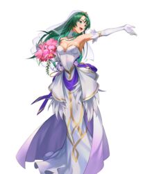  armpits bare_shoulders bouquet breasts bridal_veil cecilia_(bridal)_(fire_emblem) cecilia_(fire_emblem) cleavage detached_collar dress elbow_gloves feather_trim female fire_emblem fire_emblem:_the_binding_blade fire_emblem_heroes flower full_body gloves gold_trim gradient_clothes green_eyes green_hair hair_ornament hand_up highres holding kainown large_breasts long_hair non-web_source official_art open_mouth outstretched_arm overskirt shiny_skin smile strapless strapless_dress transparent_background veil wedding_dress white_dress white_gloves 