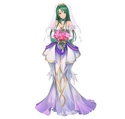  absurdres bare_shoulders bouquet breasts bridal_veil cecilia_(bridal)_(fire_emblem) cecilia_(fire_emblem) cleavage detached_sleeves dress female fire_emblem fire_emblem:_the_binding_blade fire_emblem_heroes flower full_body green_eyes green_hair highres kainown long_dress long_hair long_sleeves medium_breasts official_alternate_costume pink_flower simple_background solo standing strapless strapless_dress veil very_long_hair wedding_dress white_background white_dress 