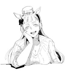  :d animal_ears bad_id bad_pixiv_id blunt_bangs blush breasts casual choker cleavage closed_eyes commentary_request ear_covers ear_ribbon facing_viewer female gold_ship_(umamusume) greyscale hand_on_own_cheek hand_on_own_face head_rest head_tilt horse_ears horse_girl leaning_on_table long_hair monochrome official_alternate_costume open_mouth pillbox_hat ribbed_sweater simple_background sleeves_rolled_up smile solo sweater umamusume upper_body uzaki_(jiro) 