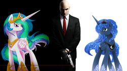 16:9 2014 agent_47 alicorn codename_47 digital_media_(artwork) equid equine feathered_wings feathers female feral friendship_is_magic group gun hasbro hi_res hitman_(series) horn human male mammal my_little_pony mythological_creature mythological_equine mythology princess_celestia_(mlp) princess_luna_(mlp) ranged_weapon sibling_(lore) sister_(lore) sisters_(lore) vavacung weapon widescreen wings