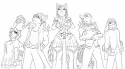 anthro black_and_white canid canine canis cosplay female fox group hoka_inumuta ira_gamagori jesterghastly kallikai kill_la_kill kinkshuka lagomorph leporid male mammal monochrome nonon_jakuzure procyonid rabbit raccoon satsuki_kiryuin studio_trigger the_sake_ninja uzu_sanageyama wolf yugo_(disambiguation)