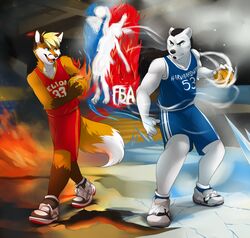 anthro ball basketball basketball_(ball) basketball_uniform bear beard black_hair black_nose blonde_hair blue_clothing blue_eyes brown_nose canid canine clothed clothing competition_number digital_media_(artwork) duo facial_hair fire footwear fox fur gloves_(marking) green_eyes hair holding_ball holding_object ice jailbird jersey leg_markings long_hair male mammal markings nba number number_on_clothing number_on_jersey number_on_topwear number_print open_mouth orange_body orange_fur polar_bear print_clothing print_jersey print_topwear red_clothing shaded shoes short_hair socks_(marking) sport sportswear standing teeth text text_on_clothing text_on_jersey text_on_topwear text_print tongue topwear uniform ursine white_body white_fur