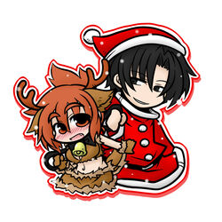  1boy animal_costume antlers bell black_hair blush bow christmas commentary_request costume eyeball female grey_eyes hair_up hat horns long_hair navel oerba_yun_fang oono_mayu open_mouth pixiv_azriel red_eyes red_hair reindeer_costume santa_costume santa_hat skirt smile yanagi_(nurikoboshi) 