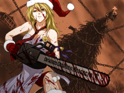  apron blonde_hair blood chains chainsaw christmas christmas_tree commentary_request dress female gloves hat iga_tomoteru necktie original panties purple_eyes red_gloves santa_hat severed_head solo tree underwear 