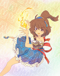  :d arle_nadja armor armored_dress bad_id bad_pixiv_id belt blue_skirt brown_eyes brown_hair carbuncle_(puyopuyo) female fire frills half_updo madou_monogatari magic menokurage open_mouth pauldrons plaid ponytail puyopuyo ribbon shoulder_armor skirt smile solo 