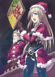  1boy beard black_legwear blonde_hair blue_eyes bodysuit christmas closed_eyes facial_hair female heidi_ogezevara highres kyoukai_senjou_no_horizon kyoukaisenjou_no_horizon santa_costume shirojiro_bertoni smile y/n 