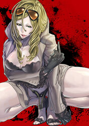  blonde_hair breasts cleavage coat commentary_request female gloves goggles green_eyes high_heels large_breasts long_hair middle_finger no_more_heroes shoes solo squatting sylvia_christel tongue zunta 