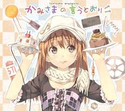  :q album_cover battery brown_eyes brown_hair cable capacitor cd checkered_background commentary_request computer_chip cover eighth_note electric_plug female fork gears hat kantoku musical_note nut_(hardware) original outline photoshop_(medium) plaid resistor scarf screw solo tongue tongue_out upper_body white_outline 