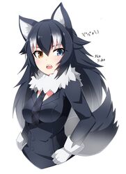  animal_ears bad_id bad_pixiv_id black_hair blue_eyes breasts commentary_request female fur_collar gloves grey_wolf_(kemono_friends) heterochromia highres kemono_friends long_hair long_sleeves medium_breasts multicolored_hair necktie sakuragi_raia solo tail two-tone_hair wolf_ears wolf_girl wolf_tail yellow_eyes 