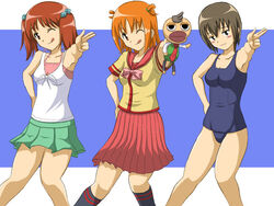  3girls artist_request crossover cube_hair_ornament gokujou_seitokai hair_ornament jinki kutsugi_kotoha multiple_girls one-piece_swimsuit oume_ayumu parody randou_rino school_swimsuit source_request swimsuit 