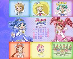  2005 6+girls altessa_(futagohime) blonde_hair blue_dress calendar_(medium) diamond_(gemstone) dress everyone fine_(futagohime) fine_(prominence_dress_up)_(futagohime) frills fushigiboshi_no_futago_hime leonne_(futagohime) long_sleeves magical_girl milky_(futagohime) miruro_(futagohime) multiple_girls november pink_dress rein_(futagohime) rein_(prominence_dress_up)_(futagohime) sophie_(futagohime) the_eleven_seed_princesses wide_sleeves 