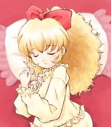  altessa_(futagohime) asiaaqua bed blonde_hair bow closed_eyes female fushigiboshi_no_futago_hime hairbow long_hair long_sleeves pajamas pillow ponytail sleeping solo 