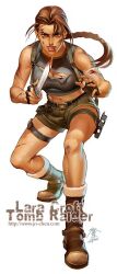  bandage bandages belt blood boots braid breasts brown_eyes brown_hair female female full_body injury jo_chen knife lara_croft long_hair midriff shorts single_braid solo tank_top tanktop tomb_raider torn_clothes white_background 