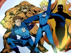  3boys benjamin_grimm blonde_hair blue_eyes bodysuit brown_hair fantastic_four female female fire johnny_storm jun_(pixiv530340) male marvel multiple_boys reed_richards rubber short_hair stretch susan_storm the_thing 