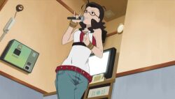  animated animated animated ass ass_shake belt bent_over brown_hair curvy dance dancing denim glasses jeans kannagi kimura_takako microphone pants shake shaking 