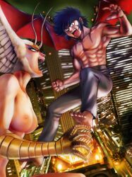  antenna antennae blue_hair city demon devilman fudou_akira male male_focus open_mouth siren siren_(devilman) siren_(monster) wings 