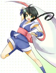  black_hair female female fingerless_gloves gloves green_eyes japanese_clothes long_hair makimachi_misao ninja open_mouth ponytail rurouni_kenshin shorts solo suika-tk white_background 