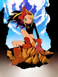  adjusting_hair blonde_hair blue_eyes boots cartoon_network cloud clouds dc_comics female female gloves goggles goggles_on_head long_hair long_sleeves nobumichi rock shorts sitting sky solo teen_titans terra_(dc) wink 