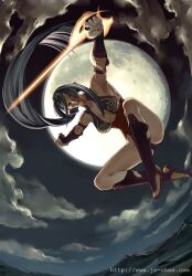  black_hair boots breasts cleavage cloud clouds female female fingerless_gloves full_body full_moon gloves halter_top halterneck jo_chen knee_boots knee_high knee_high_boots kneehighs leotard long_hair marvel moon night outdoors psylocke sky solo very_long_hair x-men 