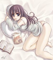  barefoot bed blue_eyes blush book bookmark bra breasts camisole chips_(food) copyright_request covered_nipples detached_sleeves duplicate feet female food frilled_pillow frills from_above highres hugging_object large_breasts legs lingerie long_hair lying medium_breasts mil_(xration) mouth_hold no_pants on_side panties pillow pillow_hug pixel-perfect_duplicate potato_chips purple_hair signature solo strap_slip thong underwear white_panties 