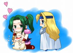  &gt;_&lt; 3girls 74 blonde_hair blue_eyes blush brown_hair cape celes_chere chibi closed_eyes female final_fantasy final_fantasy_vi green_eyes green_hair headband long_hair moogle moogle_(cosplay) multiple_girls ponytail relm_arrowny short_hair shoulder_pads tina_branford wristband 