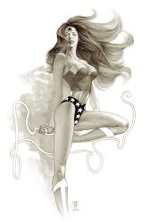  amazon bare_shoulders boots dc_comics female female jo_chen lasso leotard long_hair monochrome realistic rope sleeveless solo star star_print tiara wonder_woman wonder_woman_(series) 