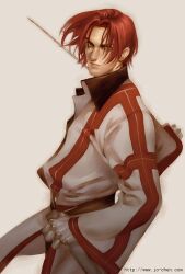  1boy gensou_suikoden gensou_suikoden_ii gloves jo_chen male male_focus military military_uniform red_hair red_hair seed_(suikoden) short_hair solo suikoden suikoden_ii sword uniform weapon 