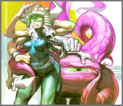  bandages belt belt_pouch bodysuit breasts commentary_request covered_nipples extra_arms fake_horns female glowing glowing_eyes green_eyes helmet horned_helmet horns hug kawaguchi_youhei long_hair marvel marvel_vs._capcom medium_breasts one-eyed pouch shuma_gorath skin_tight spiral_(marvel) sword tentacle toned weapon white_hair x-men x-men:_children_of_the_atom 