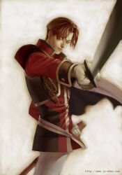  brown_hair camus_(suikoden) gensou_suikoden gensou_suikoden_ii gloves gradient gradient_background jo_chen male male_focus military military_uniform sheath short_hair solo suikoden suikoden_ii sword uniform weapon 