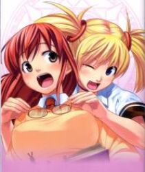  2girls aq_interactive arcana_heart atlus bb blue_eyes blush breasts brown_eyes cute examu friends friendship glasses large_breasts lilica_felchenerow long_hair lowres mizuki_gyokuran multiple_girls necktie offcial_art official_art open_mouth red_hair serafuku smile surprise tease teasing twintails wink yasazumi_yoriko yasuzumi_yoriko 