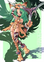  animal_ears blue_hair cat_ears catgirl cham_cham cham_cham green_hair leotard one-piece one-piece_swimsuit samurai_shodown samurai_spirits snk swimsuit thighhighs weapon 