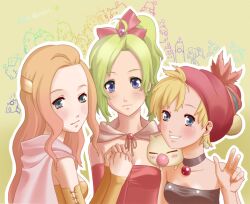  3girls bandana bandana blonde_hair blue_eyes cape celes_chere choker detached_sleeves female final_fantasy final_fantasy_vi green_eyes green_hair hand_holding holding_hands long_hair moogle multiple_girls ponytail red_ribbon relm_arrowny ribbon sarapowa short_hair smile tina_branford 