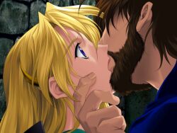  1boy armor beard blonde_hair blue_eyes brown_hair facial_hair female game_cg hair_clip hair_ornament hairclip kissing moustache sharon words_worth 