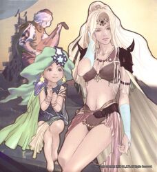  adjusting_hair armor bikini_armor blonde_hair blue_eyes bra bridal_gauntlets brown_eyes cape earrings female final_fantasy final_fantasy_iv gilbart_chris_von_muir girl green_hair hair_ornament hat instrument jewelry lingerie long_hair lute_(instrument) male midriff navel official_art ponytail rosa_farrell rydia shoulder_pads sitting tiara underwear 