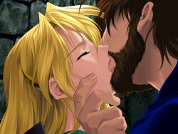  1boy armor beard blonde_hair brown_hair closed_eyes facial_hair female game_cg hair_clip hair_ornament hairclip kissing moustache sharon words_worth 