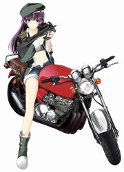  bullpup couzone female girl gun hat highres honda jacket long_hair motor_vehicle motorcycle p90 shoes shorts submachine_gun vehicle weapon 