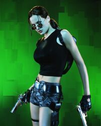  bike_shorts brown_hair cosplay female fingerless_gloves girl glasses gloves gun highres hotpants jill_de_jong lara_croft large_breasts long_hair midriff navel photo pistol ponytail shirt shorts solo standing sunglasses tomb_raider weapon 