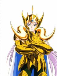  80&#039;s 80s araki_shingo aries_mu aries_muu armor badass cape cloth dots facial_mark forehead_mark golden helmet himeno_michi horns knights_of_the_zodiac lemurian long_hair male male_focus oldschool purple_hair ram_horns saint_seiya sheep_horns very_long_hair white_skin 