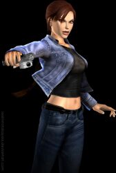  3d breasts brown_hair female gangsta_hold gun handgun highres lara_croft large_breasts long_hair midriff navel open_clothes open_shirt pants pistol shirt simple_background solo tomb_raider weapon 