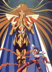  araki_shingo armor battle blonde_hair cloth femenine girly knights_of_the_zodiac long_hair male male_focus phoenix_ikki saint_seiya shitajiki very_long_hair virgo_shaka 