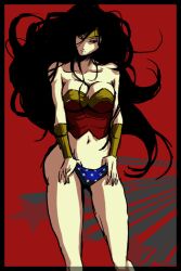  bare_shoulders big_breasts black_eyes black_hair breasts butaco cleavage dc_comics female female large_breasts long_hair midriff navel panties solo star star_print tiara underwear wonder_woman wonder_woman_(series) wristband 