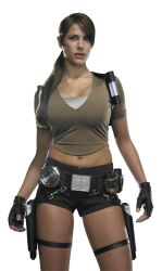  bike_shorts breasts brown_hair cleavage cosplay female fingerless_gloves girl gloves gun karima_adebibe lara_croft large_breasts legs midriff navel photo pistol ponytail shirt shorts solo standing tomb_raider weapon 