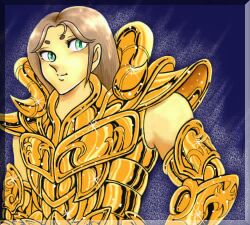  aries_mu aries_muu armor brown_hair cloth facial_mark forehead_mark golden horns knights_of_the_zodiac kurumada_masami lemurian lowres male male_focus ram_horns saint_seiya sheep_horns 