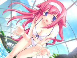  :d bikini blue_eyes blush female game_cg headband kamina_sana mutsumi_masato open_mouth pink_hair pool shimaima. sky smile solo splash splashing swimsuit water 