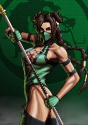  braid breasts brown_hair cleavage dark_skin female female gloves green green_eyes half_mask jade jade_(mortal_kombat) large_breasts long_hair looking_at_viewer makeinu mortal_kombat no_bra solo staff thigh-highs thighhighs twin_braids 