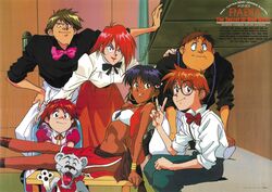  1990s_(style) 3boys 3girls aqua_eyes arm_support back bandeau black_eyes black_hair bow bowtie brown_hair character_name copyright_name dark-skinned_female dark_skin dress earrings english_text eyeshadow freckles fushigi_no_umi_no_nadia grandis_granva grin hair_ornament hand_on_another&#039;s_shoulder hanson_(nadia) hoop_earrings indoors jean_roque_lartigue jewelry king_(nadia) kneeling leaning_back leaning_forward lipstick long_hair looking_at_viewer lossy-lossless makeup marie_en_carlsberg multiple_boys multiple_girls nadia_la_arwall navel neck_ring necklace non-web_source official_art puffy_sleeves red_hair red_lips retro_artstyle round_eyewear sanson_(nadia) scan short_hair short_sleeves sitting smile suspenders v 