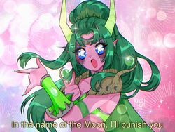  1990s_(style) armor bikini_armor bishoujo_senshi_sailor_moon blue_eyes breasts cape chai_rae cleavage colored_skin dated english_text female fingernails green_cape green_hair green_nails highres horns long_fingernails long_hair looking_at_viewer open_mouth parody pauldrons pink_skin pointy_ears ponytail retro_artstyle shoulder_armor signature solo style_parody tsuki_ni_kawatte_oshioki_yo upper_body warcraft world_of_warcraft ysera 