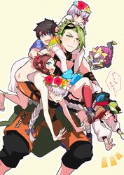  2boys 4girls achilles_(fate) achilles_(fearless_diver)_(fate) anastasia_(fate) anastasia_(swimsuit_archer)_(fate) anastasia_(swimsuit_archer)_(second_ascension)_(fate) black_hair blue_flower braid brown_hair carrying carrying_person fate/grand_order fate_(series) flower flower_wreath fujimaru_ritsuka_(male) fujimaru_ritsuka_(male)_(tropical_summer) goggles goggles_on_head green_hair grey_hair hair_ornament hawaiian_shirt head_wreath hibiscus highres iris_(tb33064667) kama_(fate) kama_(swimsuit_avenger)_(fate) kama_(swimsuit_avenger)_(first_ascension)_(fate) leonardo_da_vinci_(fate) leonardo_da_vinci_(rider)_(fate) leonardo_da_vinci_(swimsuit_ruler)_(fate) multicolored_hair multiple_boys multiple_girls official_alternate_costume pink_flower red_flower sandals sei_shounagon_(fate) sei_shounagon_(swimsuit_berserker)_(fate) shirt shorts shoulder_carry star_(symbol) star_hair_ornament ste-kun_(fate) tarasque_(fate) thighhighs twin_braids twintails visor_cap white_flower white_hair yellow_flower 